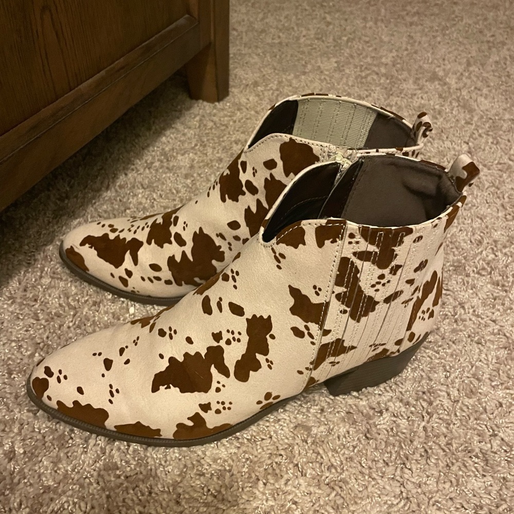 Cow print booties